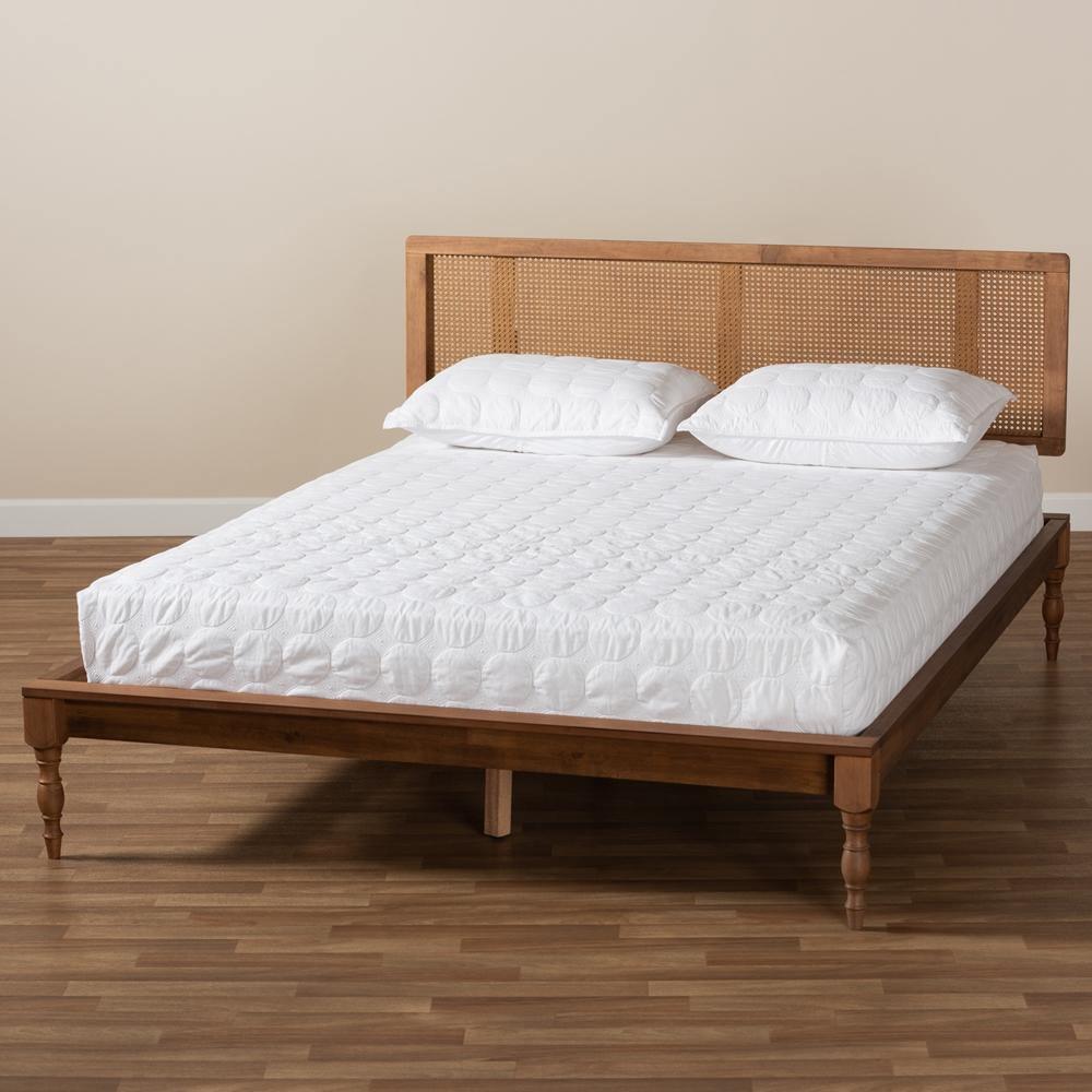 Romy Vintage French Inspired Ash Wanut Finished Wood and Synthetic Rattan King Size Platform Bed FredCo