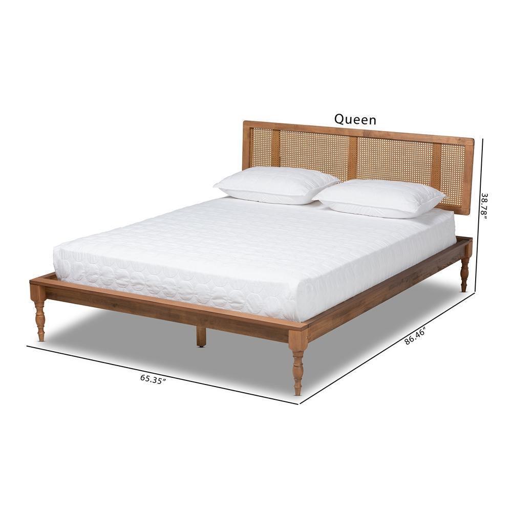Romy Vintage French Inspired Ash Wanut Finished Wood and Synthetic Rattan Queen Size Platform Bed FredCo