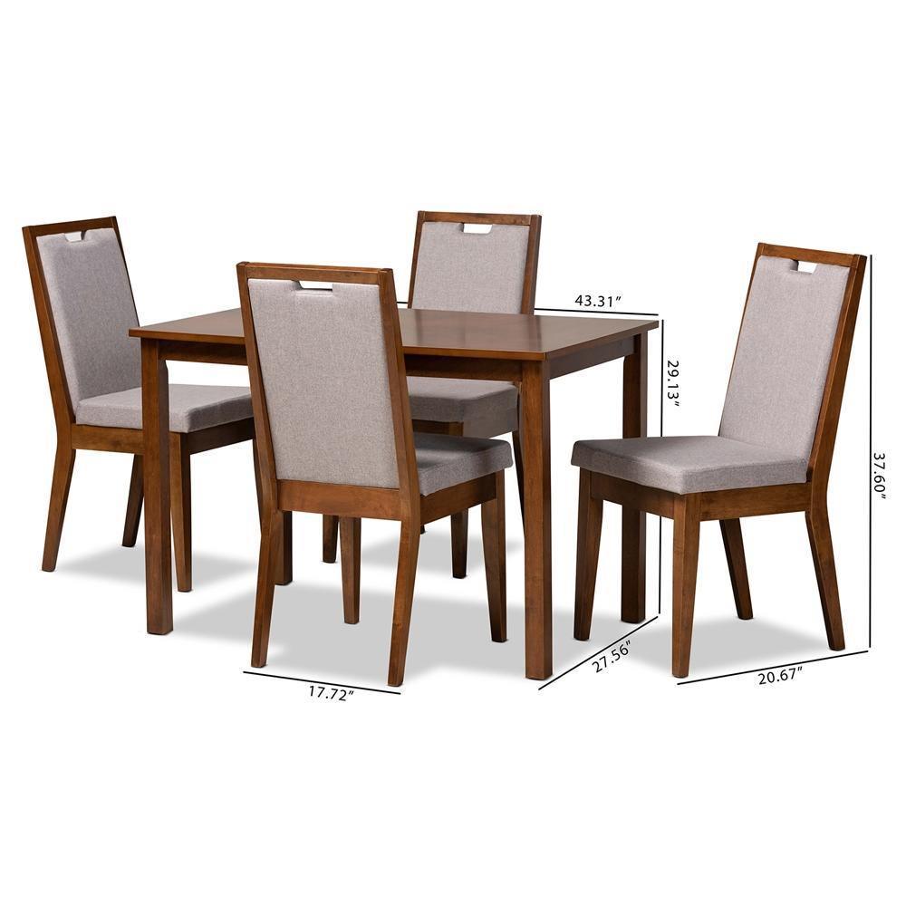 Rosa Modern and Contemporary Grey Fabric Upholstered and Walnut Brown Finished Wood 5-Piece Dining Set FredCo