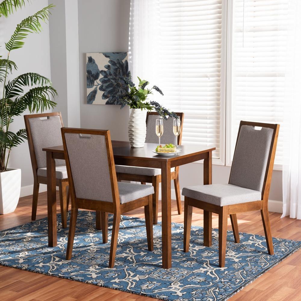 Rosa Modern and Contemporary Grey Fabric Upholstered and Walnut Brown Finished Wood 5-Piece Dining Set FredCo