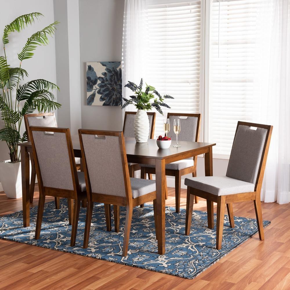 Rosa Modern and Contemporary Grey Fabric Upholstered and Walnut Brown Finished Wood 7-Piece Dining Set FredCo