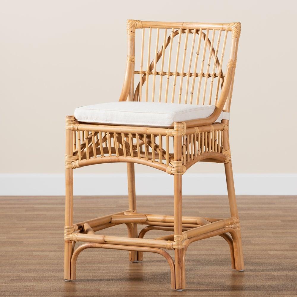 Rose Modern Bohemian White Fabric Upholstered and Natural Brown Rattan Counter Stool FredCo