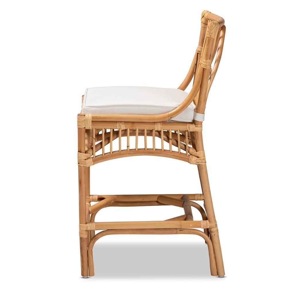 Rose Modern Bohemian White Fabric Upholstered and Natural Brown Rattan Counter Stool FredCo