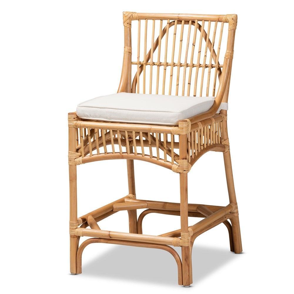 Rose Modern Bohemian White Fabric Upholstered and Natural Brown Rattan Counter Stool FredCo