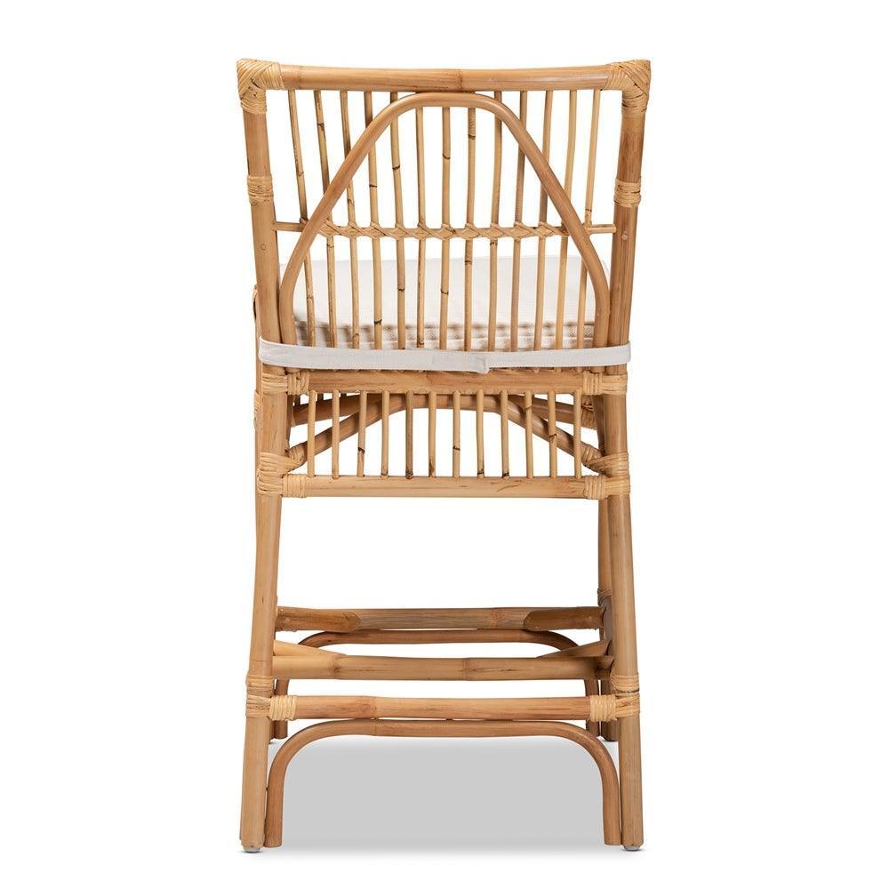 Rose Modern Bohemian White Fabric Upholstered and Natural Brown Rattan Counter Stool FredCo