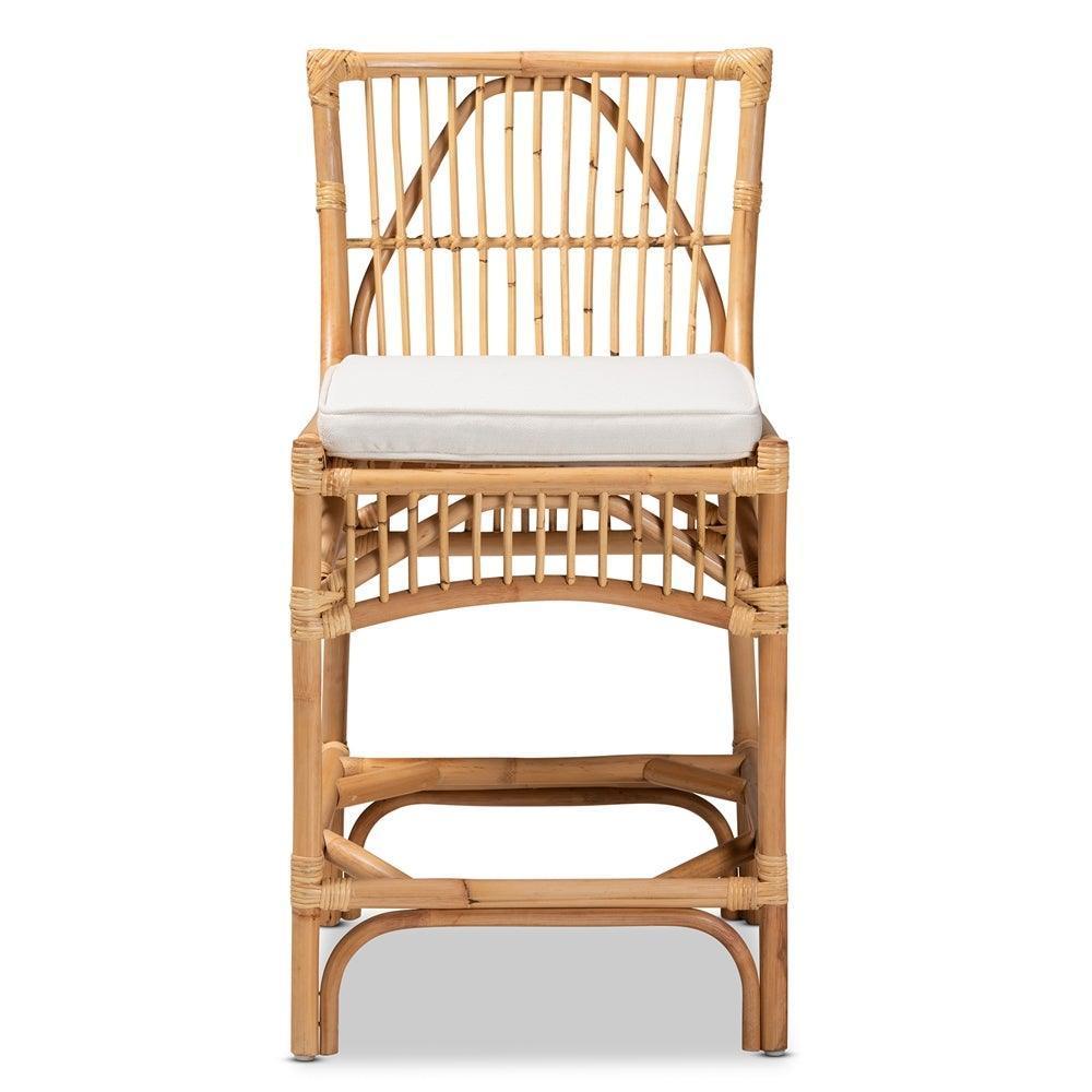 Rose Modern Bohemian White Fabric Upholstered and Natural Brown Rattan Counter Stool FredCo