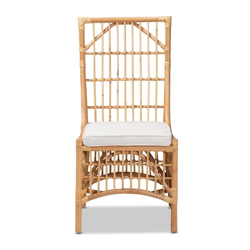 Rose Modern Bohemian White Fabric Upholstered and Natural Brown Rattan Dining Chair FredCo