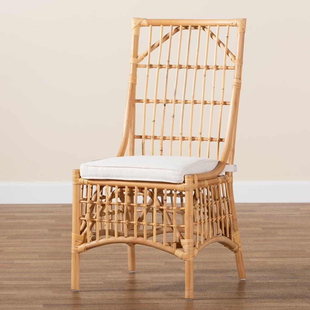 Rose Modern Bohemian White Fabric Upholstered and Natural Brown Rattan Dining Chair FredCo