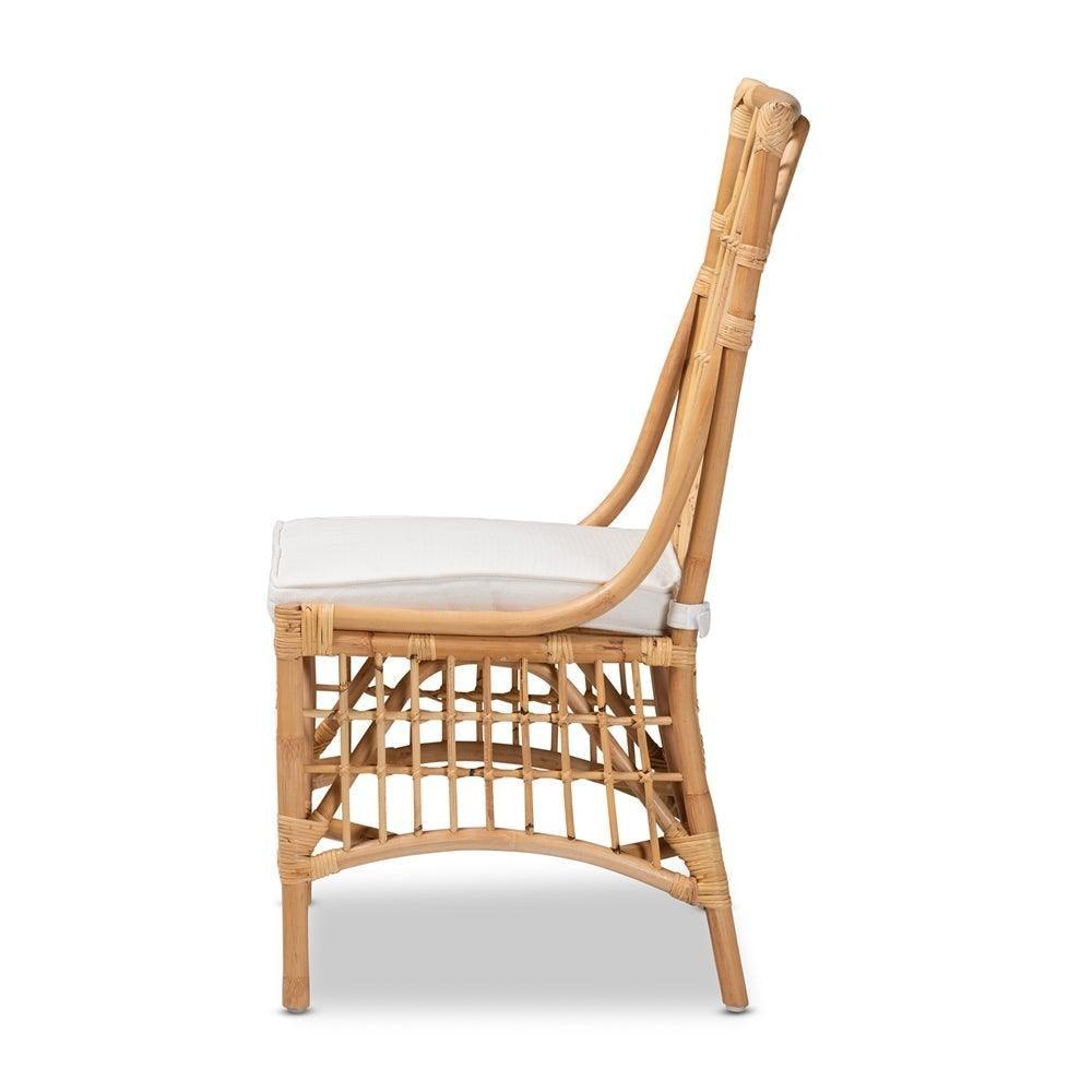 Rose Modern Bohemian White Fabric Upholstered and Natural Brown Rattan Dining Chair FredCo