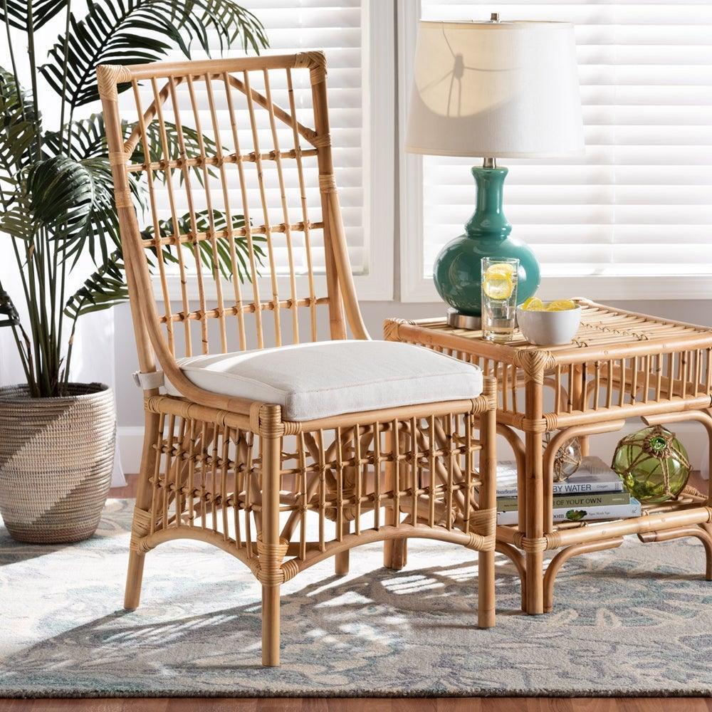 Rose Modern Bohemian White Fabric Upholstered and Natural Brown Rattan Dining Chair FredCo
