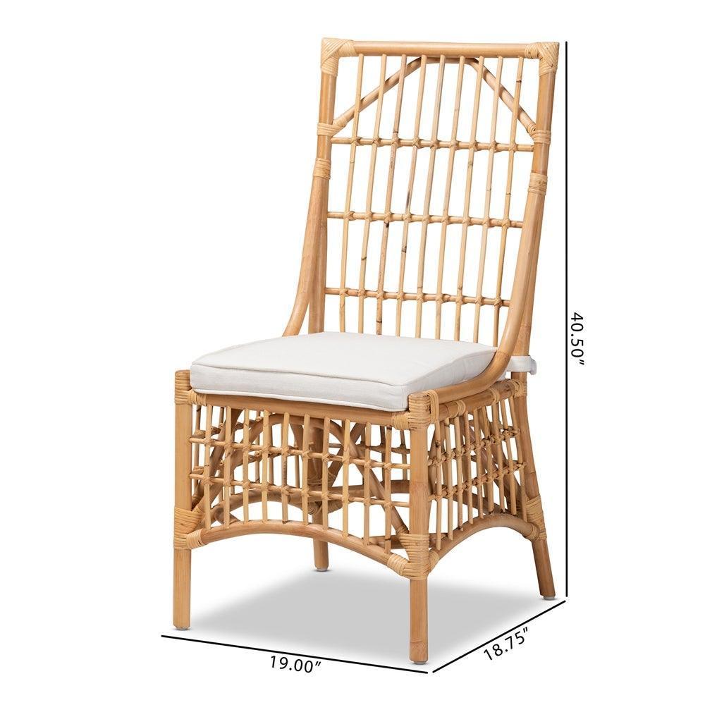 Rose Modern Bohemian White Fabric Upholstered and Natural Brown Rattan Dining Chair FredCo