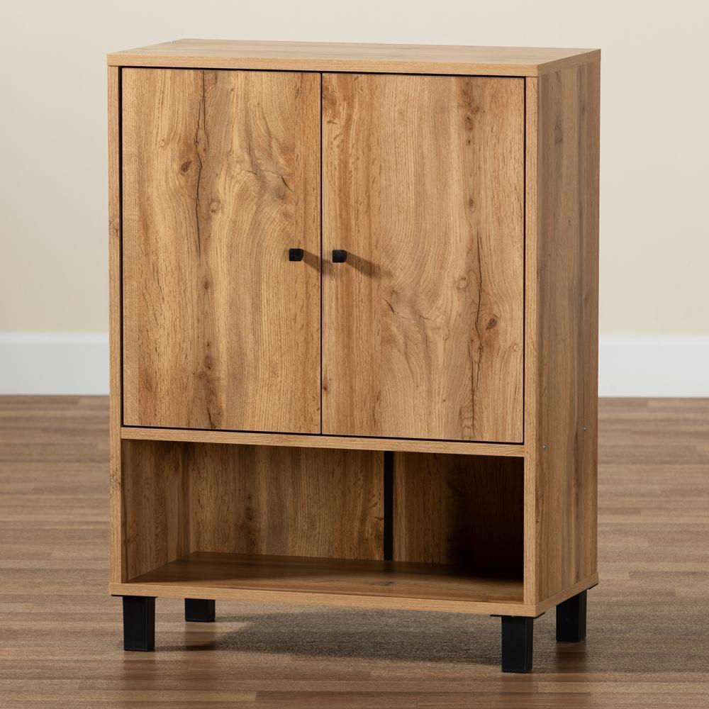 Rossin Modern and Contemporary Oak Brown Finished Wood 2-Door Entryway Shoe Storage Cabinet with Bottom Shelf FredCo