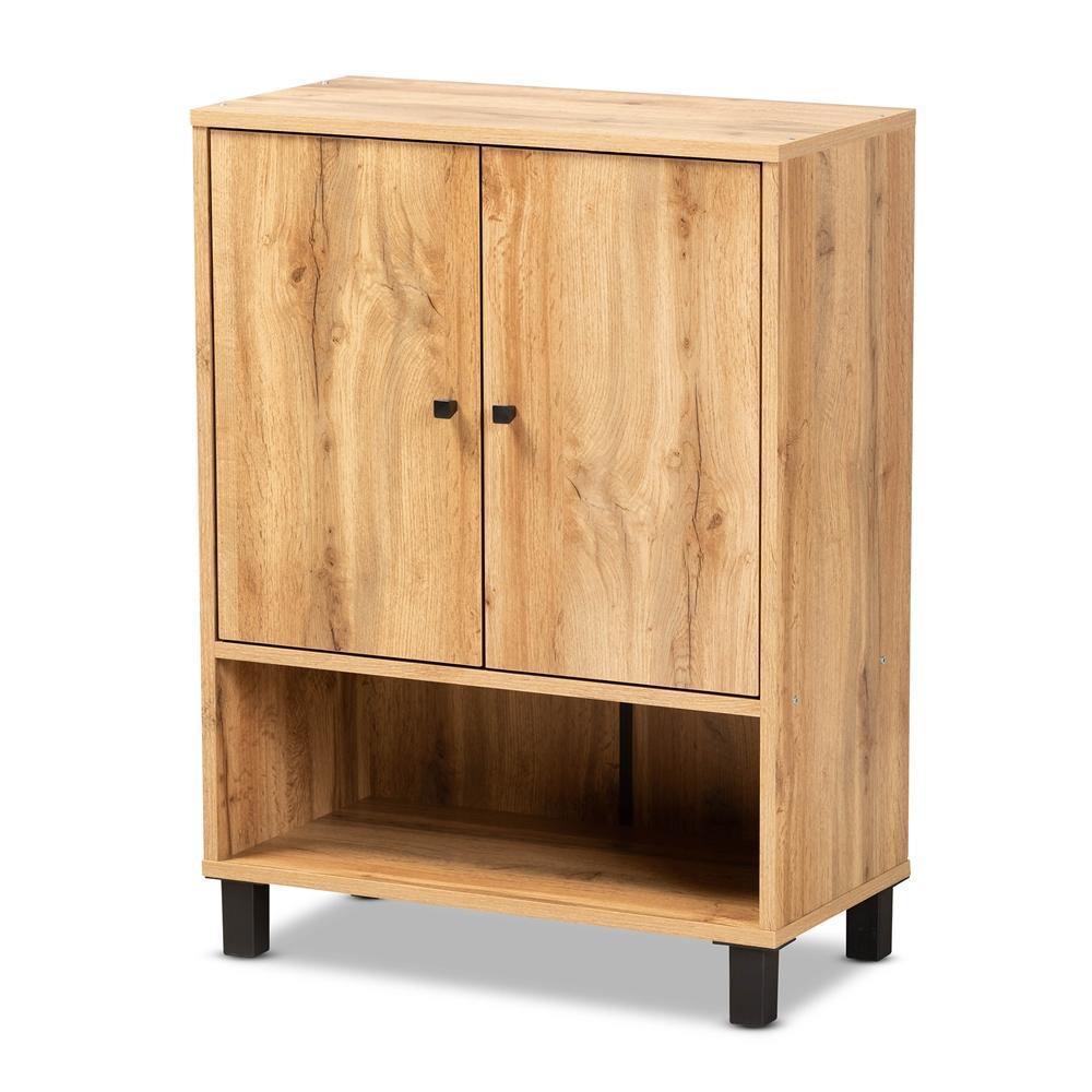 Rossin Modern and Contemporary Oak Brown Finished Wood 2-Door Entryway Shoe Storage Cabinet with Bottom Shelf FredCo