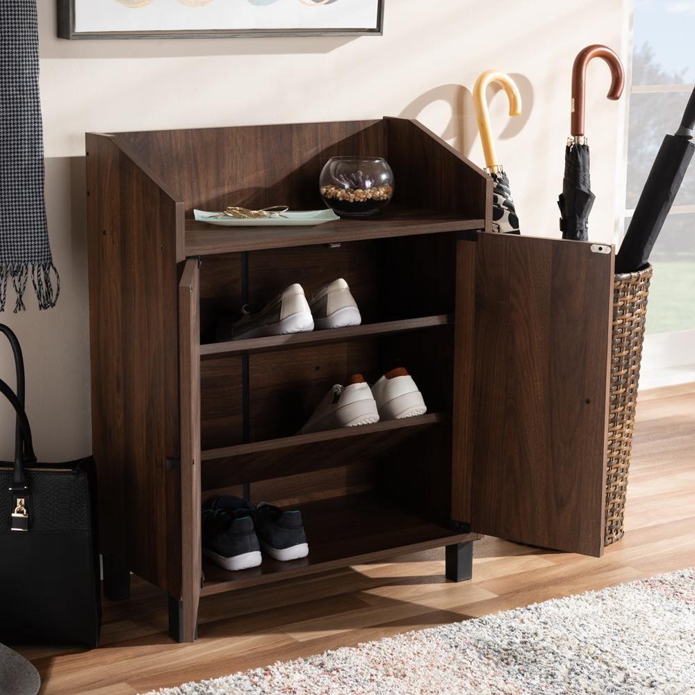 Rossin Modern and Contemporary Walnut Brown Finished 2-Door Wood Entryway Shoe Storage Cabinet with Open Shelf FredCo