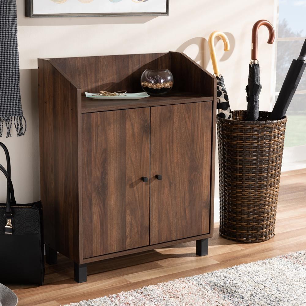 Rossin Modern and Contemporary Walnut Brown Finished 2-Door Wood Entryway Shoe Storage Cabinet with Open Shelf FredCo