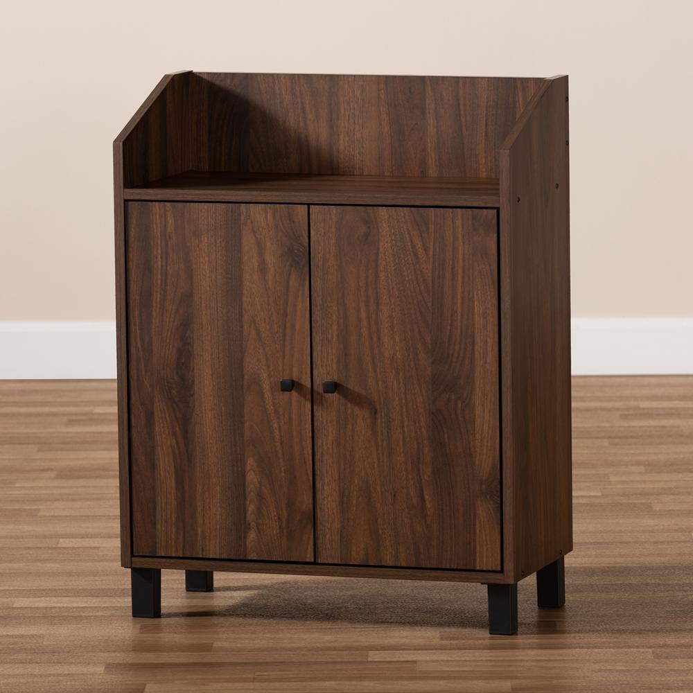 Rossin Modern and Contemporary Walnut Brown Finished 2-Door Wood Entryway Shoe Storage Cabinet with Open Shelf FredCo