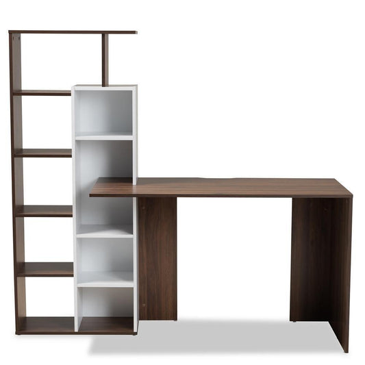 Rowan Modern and Contemporary Two-Tone White and Walnut Brown Finished Wood Storage Computer Desk with Shelves FredCo