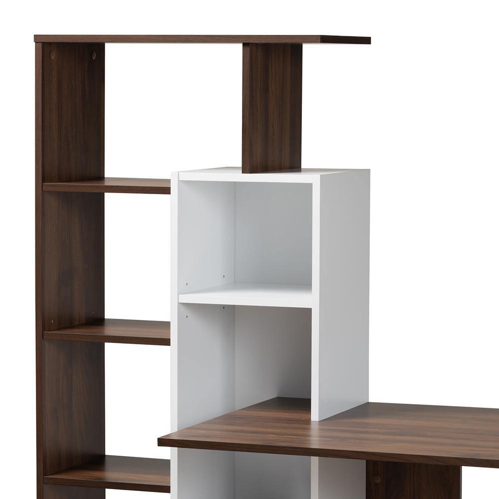 Rowan Modern and Contemporary Two-Tone White and Walnut Brown Finished Wood Storage Computer Desk with Shelves FredCo