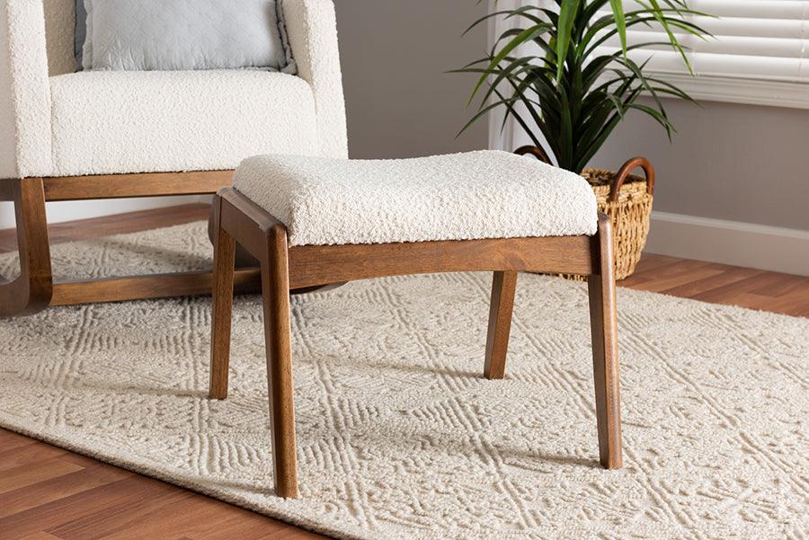 Roxy Mid-Century Modern Off-White Boucle Upholstered and Walnut Brown Finished Wood Ottoman Footstool FredCo