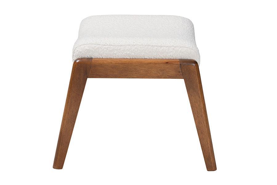 Roxy Mid-Century Modern Off-White Boucle Upholstered and Walnut Brown Finished Wood Ottoman Footstool FredCo