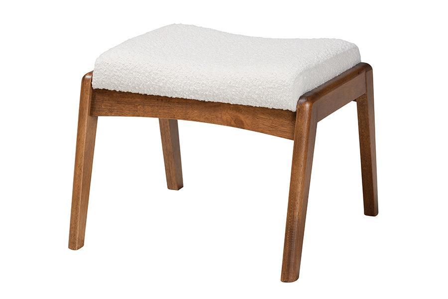 Roxy Mid-Century Modern Off-White Boucle Upholstered and Walnut Brown Finished Wood Ottoman Footstool FredCo