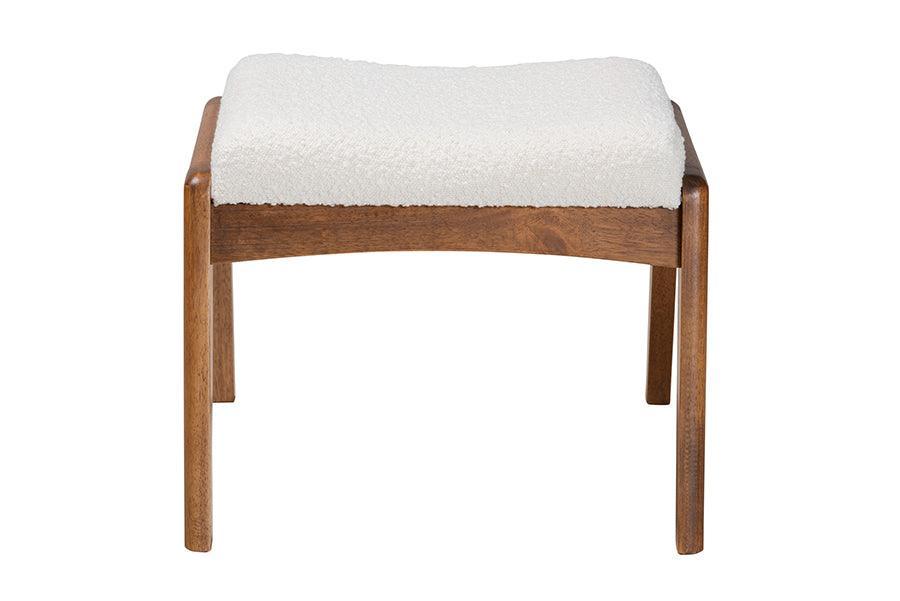 Roxy Mid-Century Modern Off-White Boucle Upholstered and Walnut Brown Finished Wood Ottoman Footstool FredCo