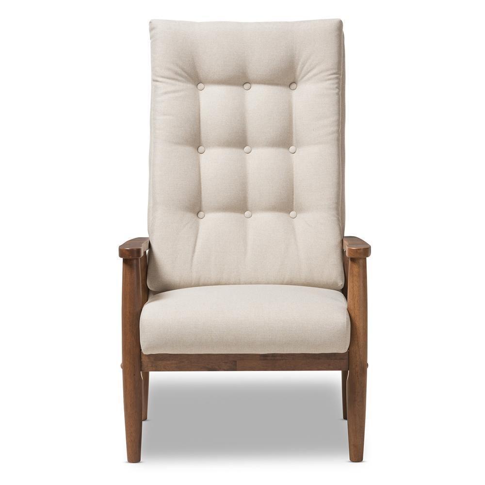 Roxy Mid-Century Modern Walnut Brown Finish Wood and Light Beige Fabric Upholstered Button-Tufted High-Back Chair FredCo