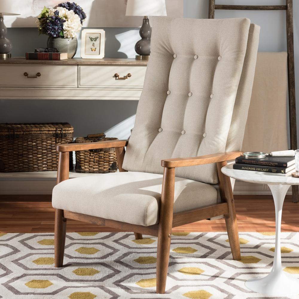 Roxy Mid-Century Modern Walnut Brown Finish Wood and Light Beige Fabric Upholstered Button-Tufted High-Back Chair FredCo