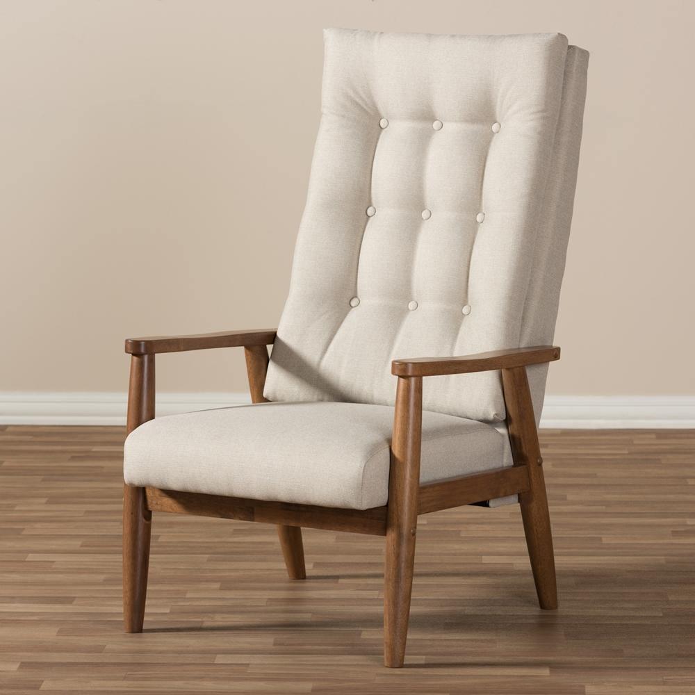 Roxy Mid-Century Modern Walnut Brown Finish Wood and Light Beige Fabric Upholstered Button-Tufted High-Back Chair FredCo