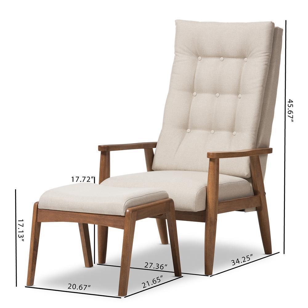 Roxy Mid-Century Modern Walnut Wood Finishing and Light Beige Fabric Upholstered Button-Tufted High-Back Lounge Chair and Ottoman Set FredCo