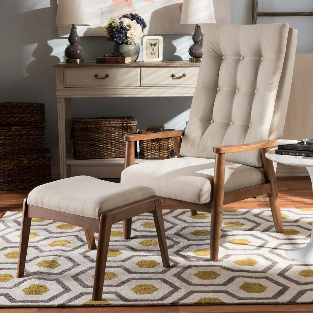 Roxy Mid-Century Modern Walnut Wood Finishing and Light Beige Fabric Upholstered Button-Tufted High-Back Lounge Chair and Ottoman Set FredCo