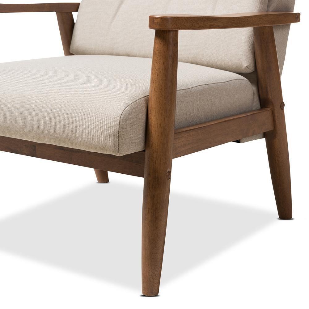 Roxy Mid-Century Modern Walnut Wood Finishing and Light Beige Fabric Upholstered Button-Tufted High-Back Lounge Chair and Ottoman Set FredCo