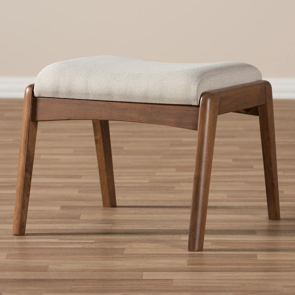 Roxy Mid-Century Modern Walnut Wood Finishing and Light Beige Fabric Upholstered Ottoman FredCo