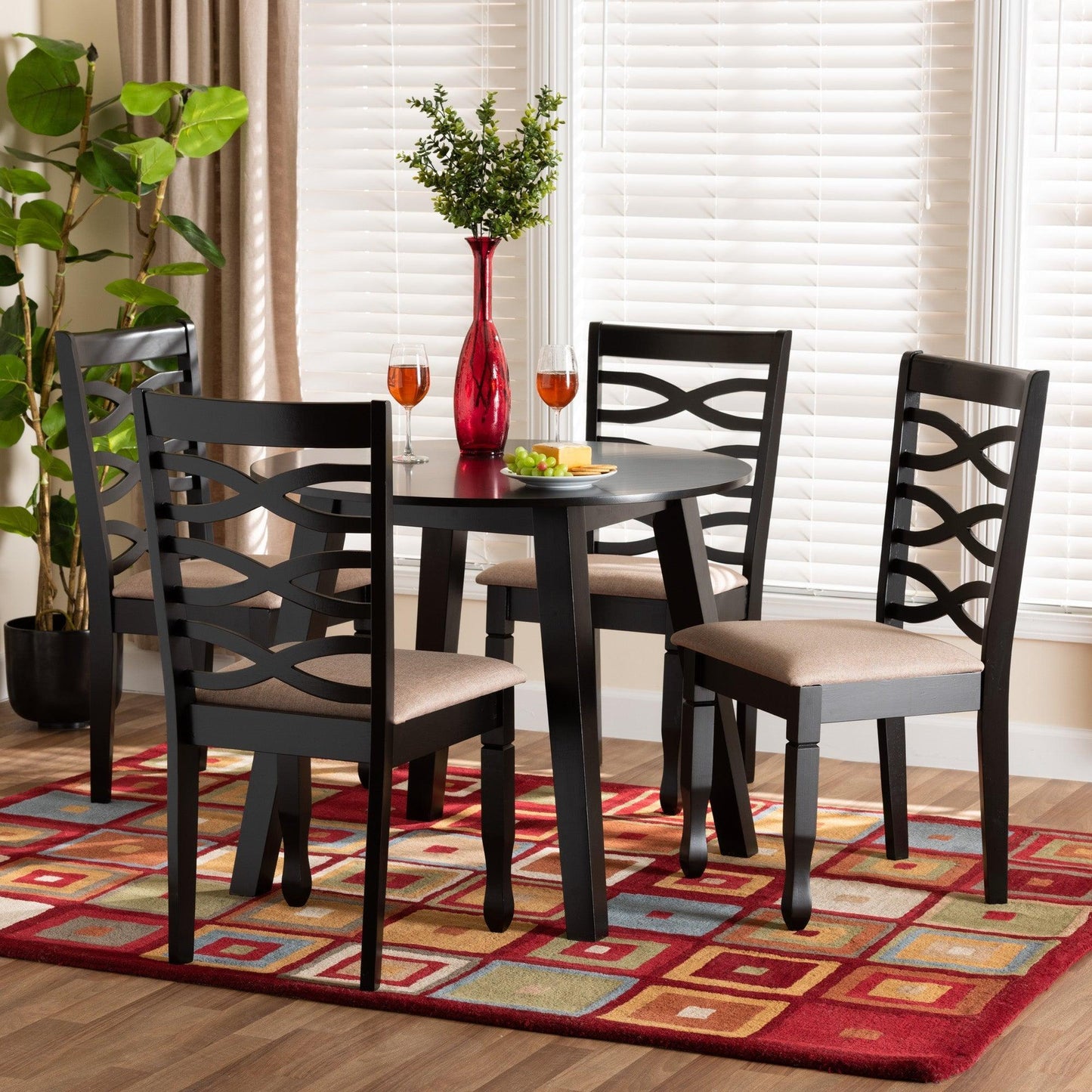 Ruby Modern Beige Fabric and Dark Brown Finished Wood 5-Piece Dining Set FredCo