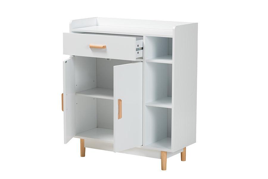 Russell Mid-Century Modern Two-Tone White and Oak Brown Finished Wood 2-Door Sideboard FredCo