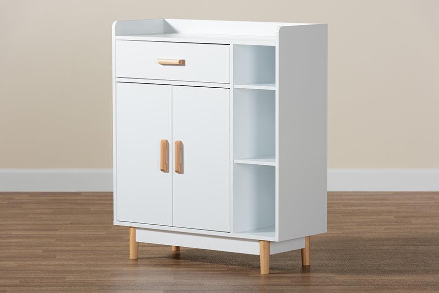 Russell Mid-Century Modern Two-Tone White and Oak Brown Finished Wood 2-Door Sideboard FredCo