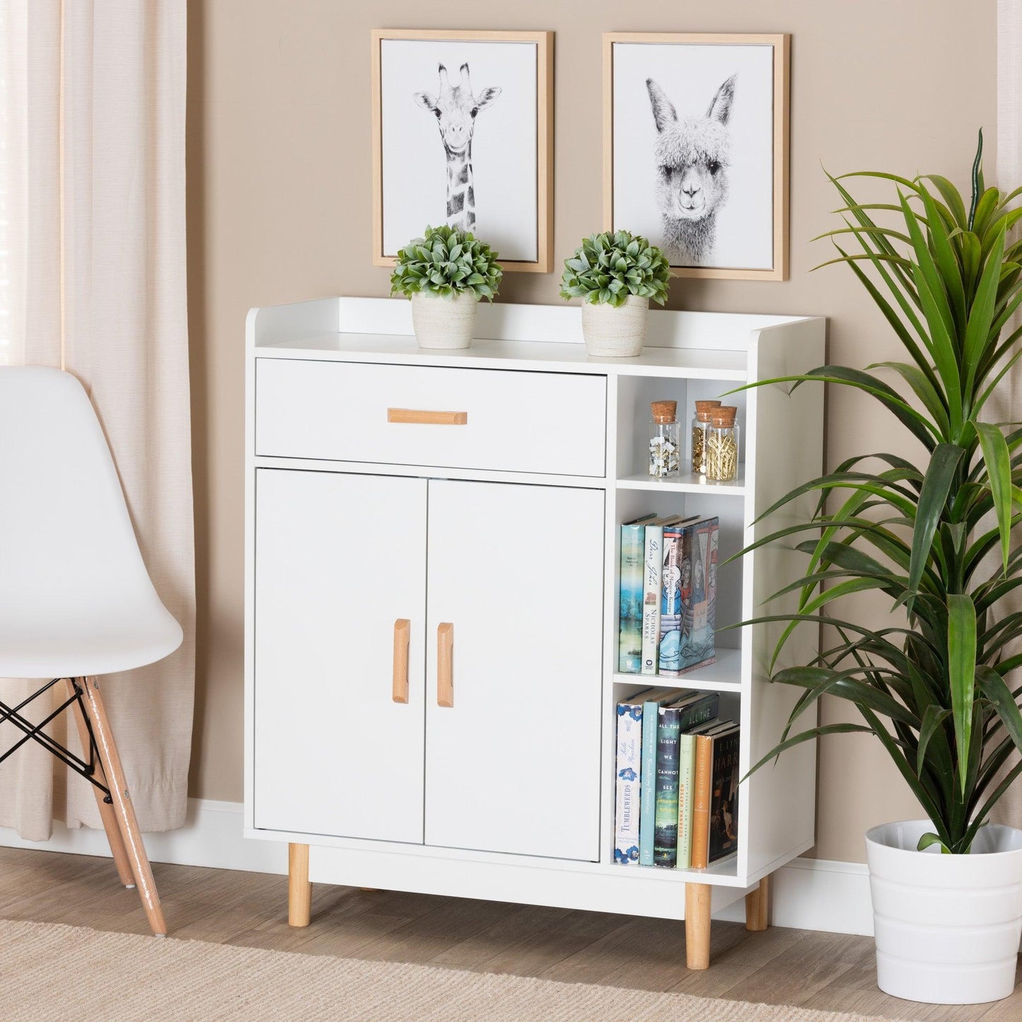 Russell Mid-Century Modern Two-Tone White and Oak Brown Finished Wood 2-Door Sideboard FredCo