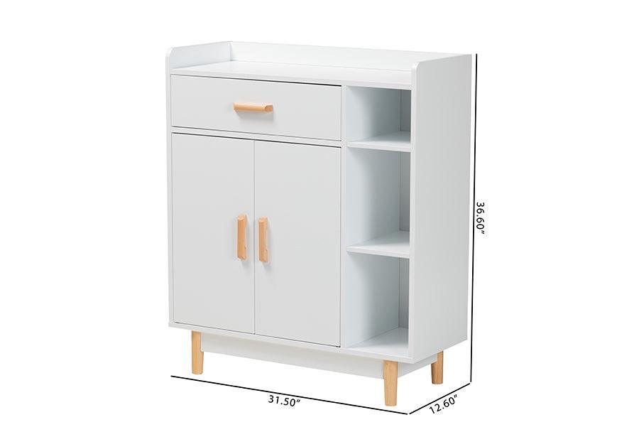 Russell Mid-Century Modern Two-Tone White and Oak Brown Finished Wood 2-Door Sideboard FredCo
