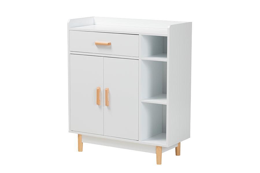Russell Mid-Century Modern Two-Tone White and Oak Brown Finished Wood 2-Door Sideboard FredCo