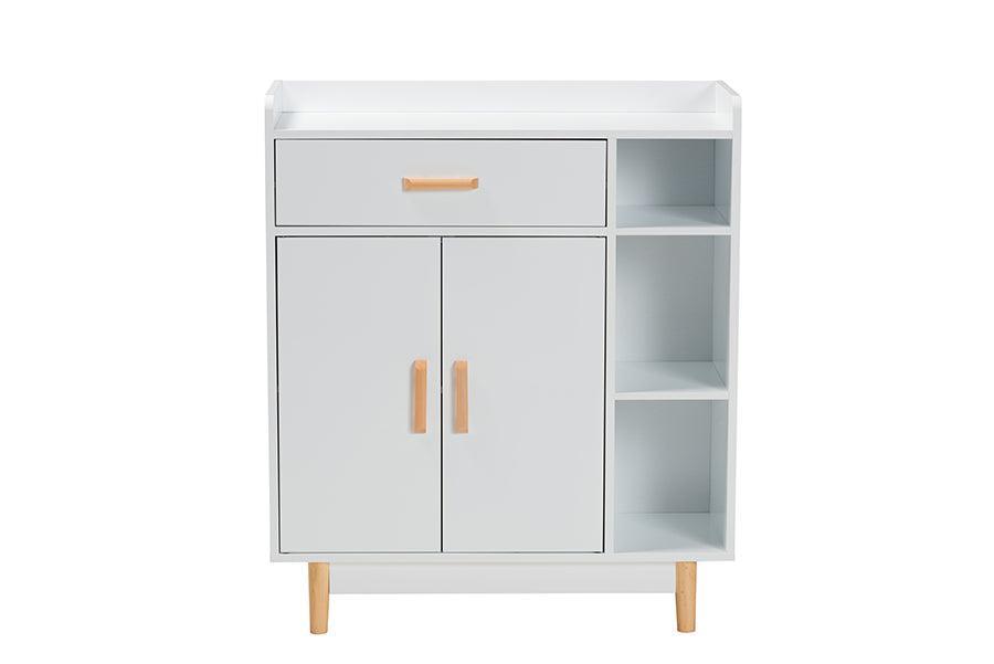 Russell Mid-Century Modern Two-Tone White and Oak Brown Finished Wood 2-Door Sideboard FredCo