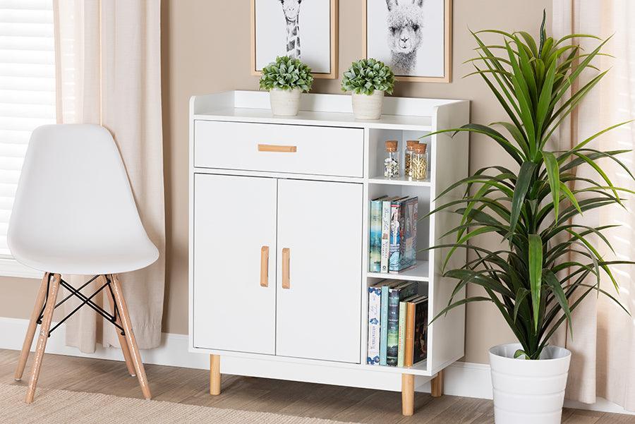 Russell Mid-Century Modern Two-Tone White and Oak Brown Finished Wood 2-Door Sideboard FredCo