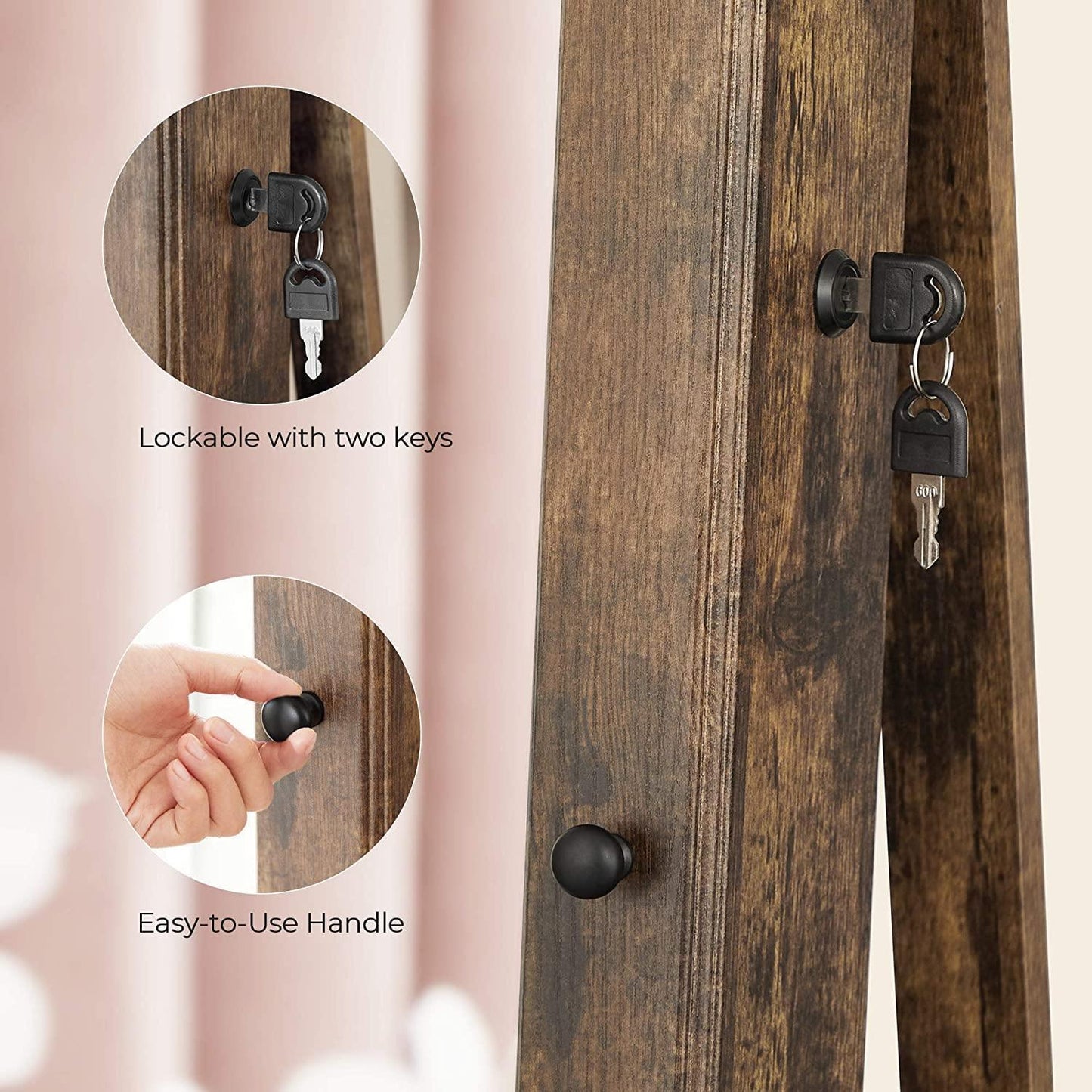 Rustic Brown 360° Swivel Lockable Jewelry Armoire FredCo