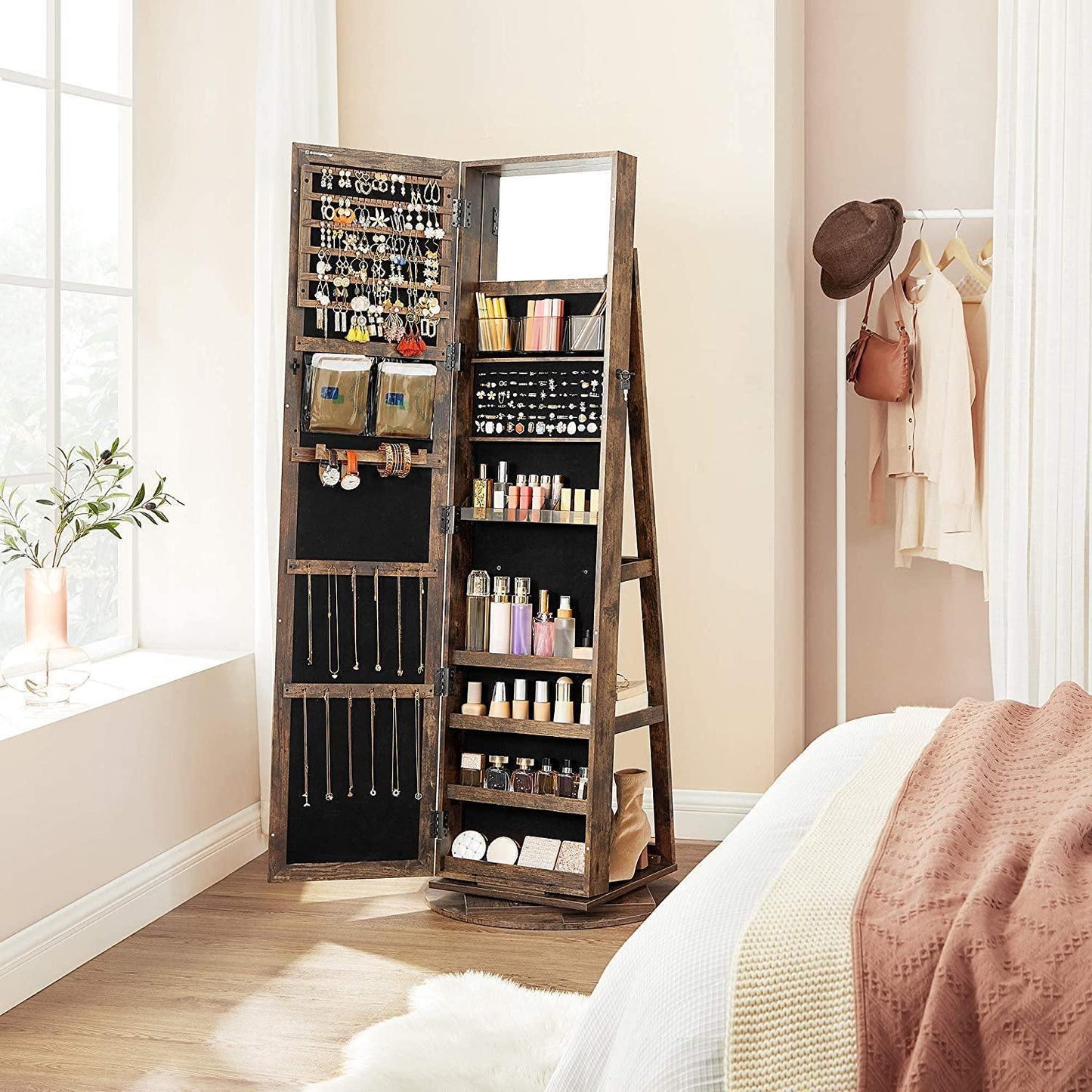 Rustic Brown 360° Swivel Lockable Jewelry Armoire FredCo