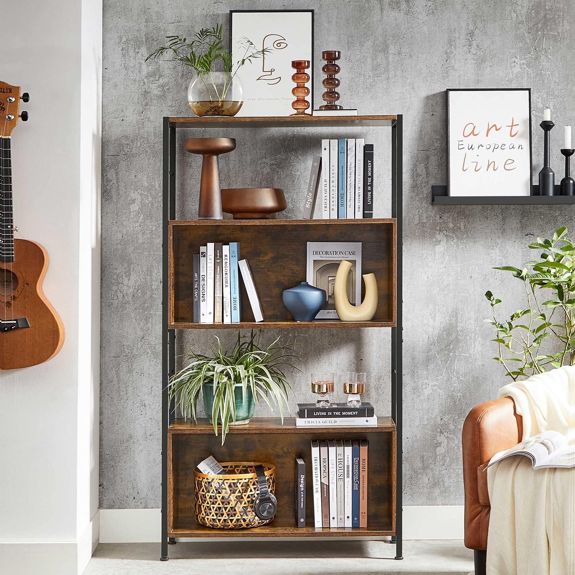 Rustic Brown Free-Standing Bookcase with Metal Frame FredCo