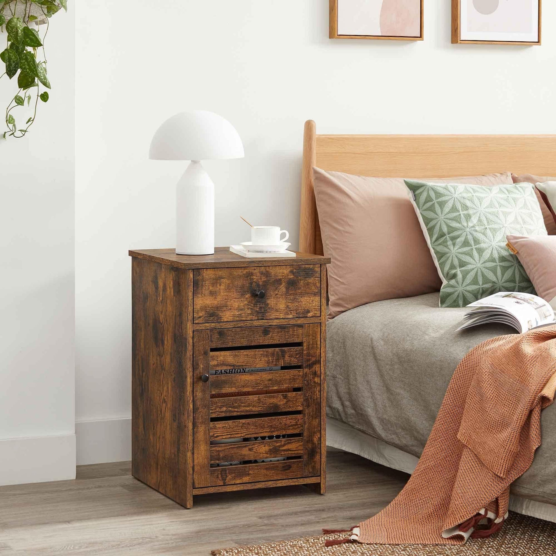 Rustic Brown Nightstand with Drawer & Door FredCo