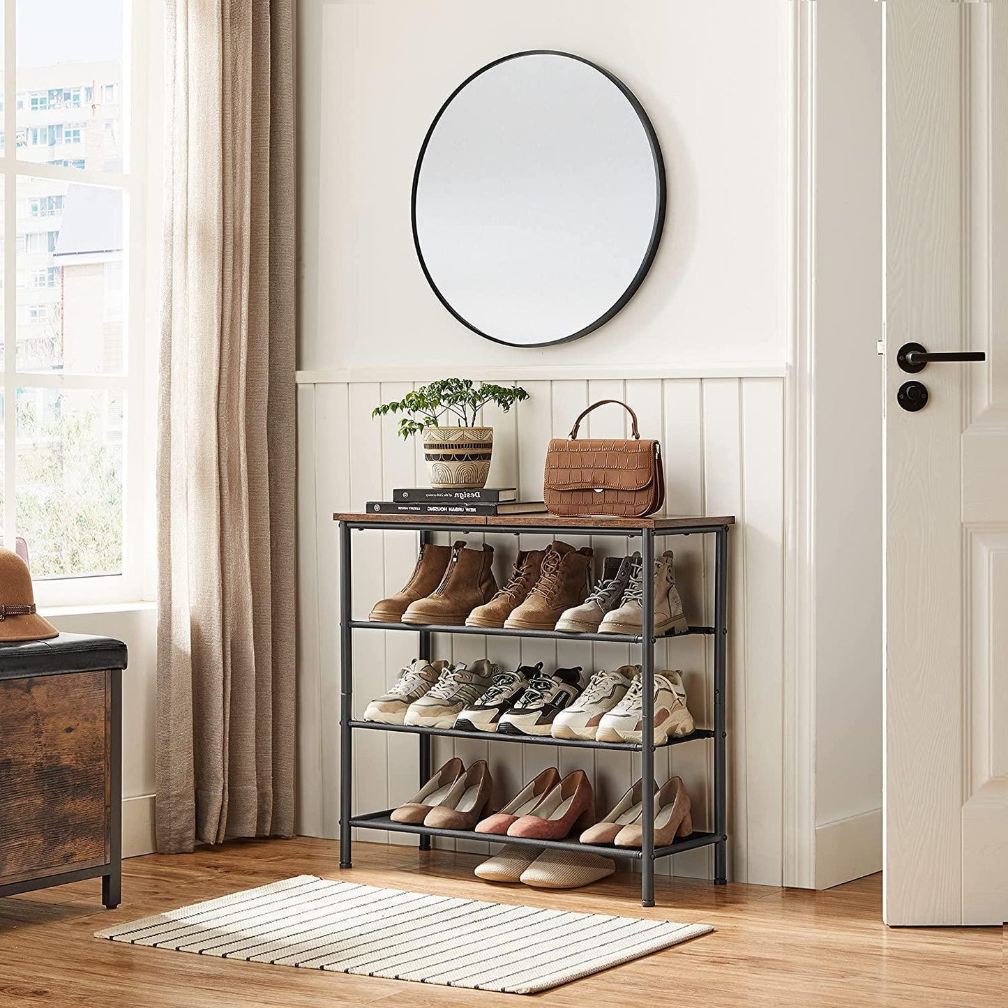 Rustic Brown Shoe Storage Rack with Fabric Shelves FredCo