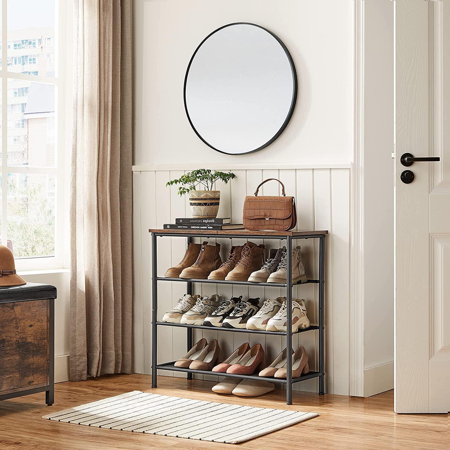 Rustic Brown Shoe Storage Rack with Fabric Shelves FredCo