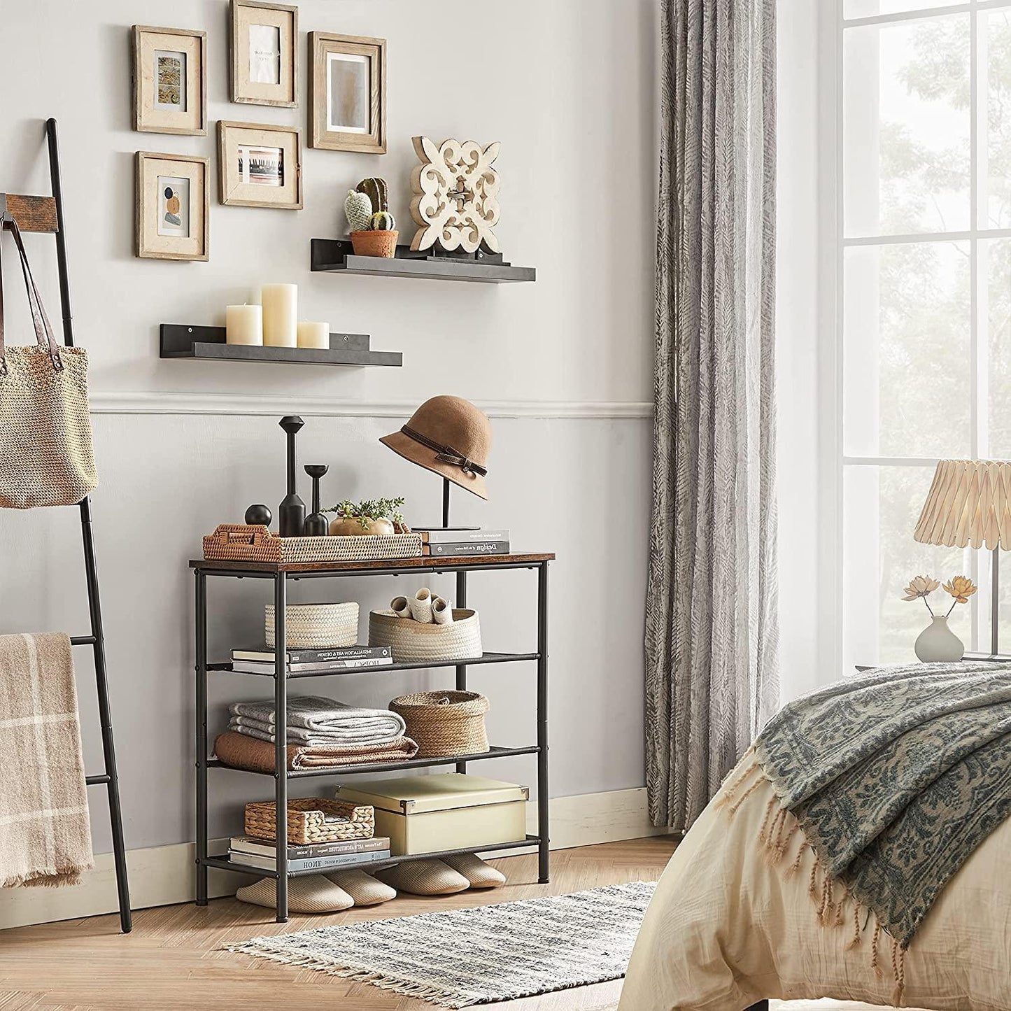 Rustic Brown Shoe Storage Rack with Fabric Shelves FredCo