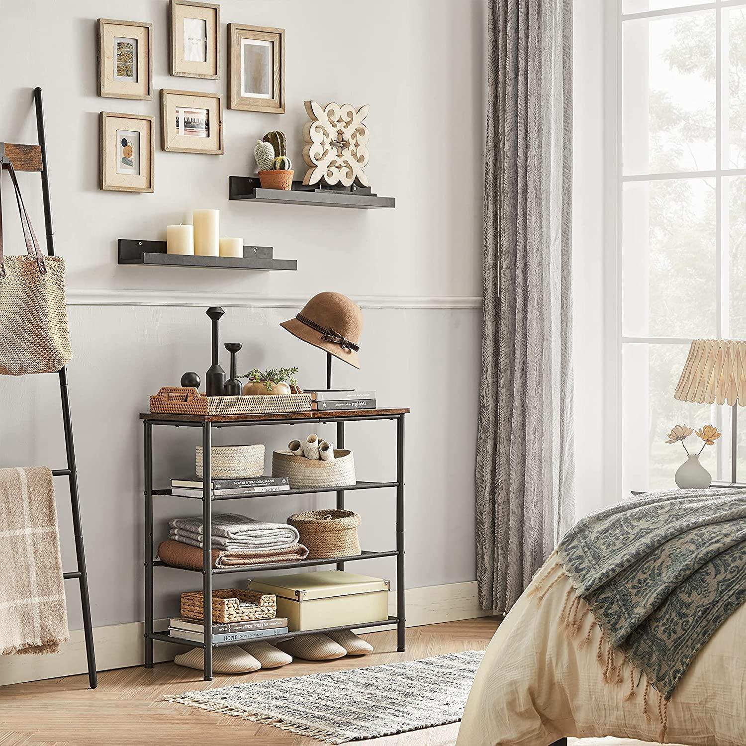 Rustic Brown Shoe Storage Rack with Fabric Shelves FredCo