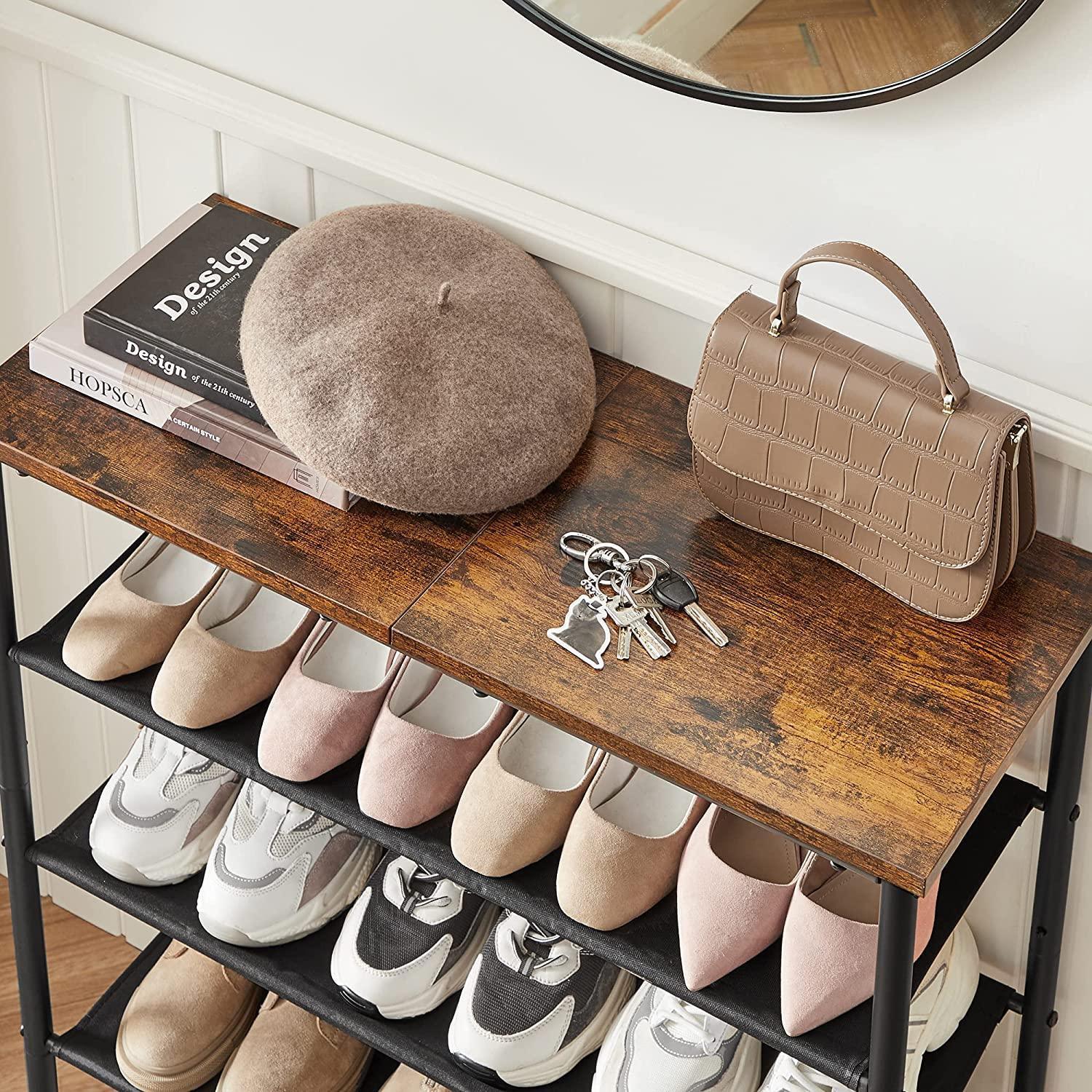 Rustic Brown Shoe Storage Rack with Fabric Shelves FredCo